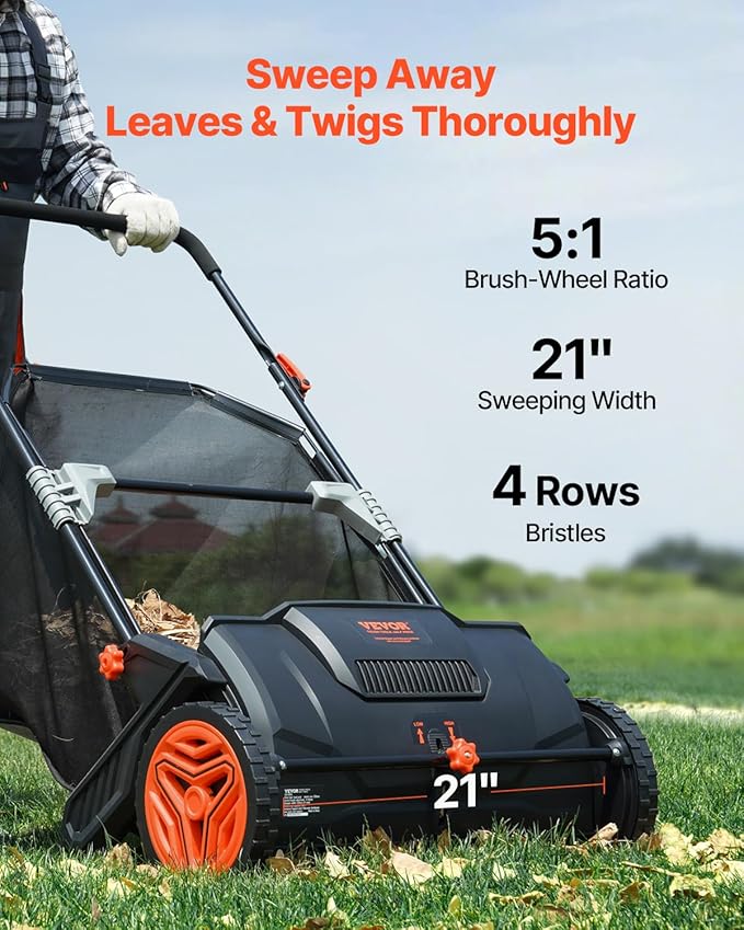VEVOR Push Lawn Sweeper, 21inch Leaf & Grass Collector, Heavy Duty Thickened Steel Durable to Use with Large Capacity 3.5 cu. ft. Mesh Collection Hopper Bag, 2 Spinning Brushes
