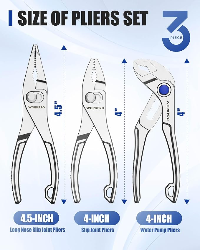 WORKPRO 3-Piece Mini Pliers Set with Pouch, 4-Inch Slip Joint Plier & 4-Inch Water Pump Plier & 4.5-Inch Long Nose Slip Joint Plier, High-Toughness Pocket Pliers for Tight Spaces & Versatile Use