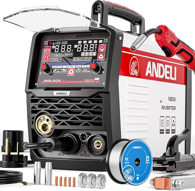 ANDELI 205A MIG Welder, 6-In-1 Multi Process Gas MIG/Spool Gun MIG/Flux Core MIG/Spot welding/Lift TIG/Stick Aluminum MIG Welding Machine With Large LED Display，110/220V Dual Voltage Welder Machine
