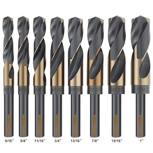 COMOWARE Reduced Shank Drill Bit Set, 8 Sizes from 9/16" to 1", HSS M2, Black & Gold Drill Bit with 3-Flat 1/2" Shank, 135° Split Point, Drills Bits for Metal/Plastic/Wood, with Storage case