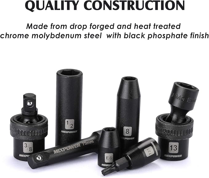 MIXPOWER 3/8'' Drive Master Impact Socket Set, 87-Piece Deep & Standard SAE and Metric,CR-MO, 1/4-Inch to 3/4-Inch and 6-19 mm, Impact Universal Sockets, Inverted Star Sockets, Extension Bar & Adapter