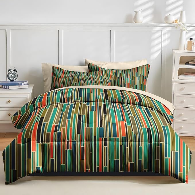 Nesker Comforter Set Queen Size, Mid Century Geometric Retro 7 Pcs Bedding for Kids and Adults, Stripe 50S Vintage Bed Sheet Sets with Fitted Sheet 2 Pillowcases & 2 Shams