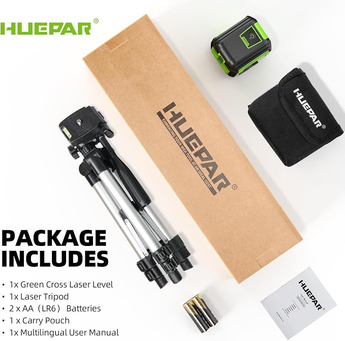 Laser Level with 40in Tripod, HUEPAR 98Ft Self Leveling Laser Level Green Line Laser Cross Line Laser Leveler Tool for Picture Hanging, Home Renovation, Indoor Project, Battery&Carrying Bag Included