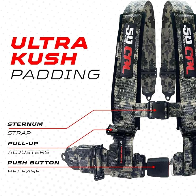 1pc 50 Cal Camo 4 Point Harness 2in Straps, Racing Harness Seat Belt | Ultra Kush padding, Push Button quick release hardware. Universal Fit for UTV, RZR, race car.