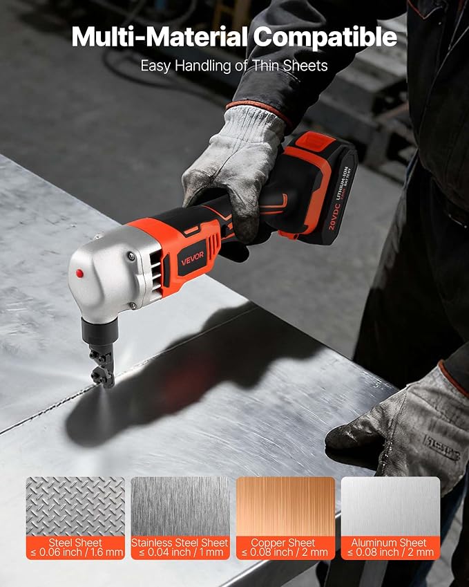 VEVOR Cordless Metal Nibbler, with 18 V 2000 mAh Battery, 1200 RPM Brushless Motor, Electric Nibbler Metal Cutter with Plastic Carrying Case for Cutting Stainless Steel, Aluminum, and Copper Sheet