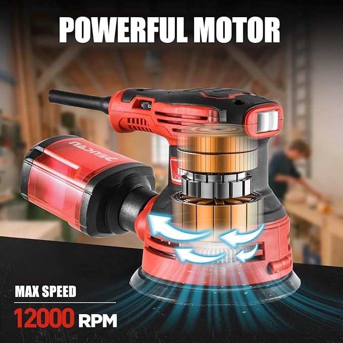 5" Electric Random Orbital Sander, 2.5 Amp Power Variable Speed Palm Sander with Vacuum Dust Collector for Woodworking, Refinish Furniture