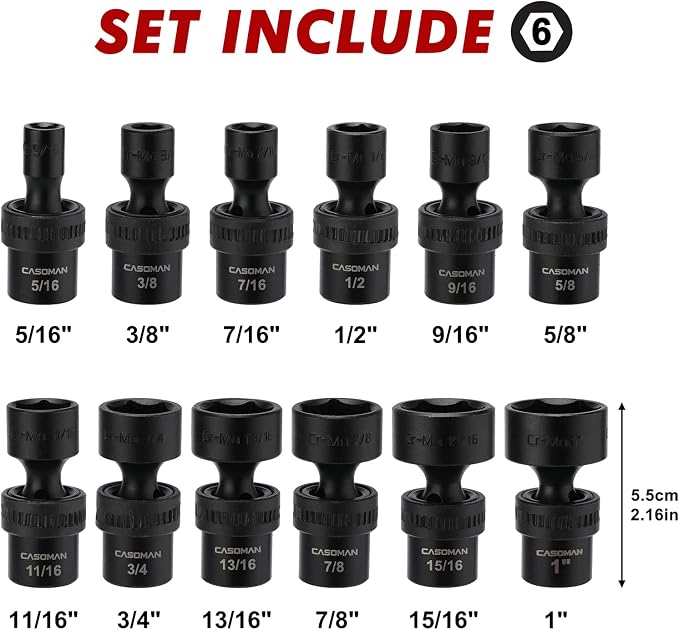 CASOMAN 12 Pieces 3/8-Inch Drive Shallow Universal Impact Socket Set, SAE, 5/16"-1", CR-MO, Swivel Socket