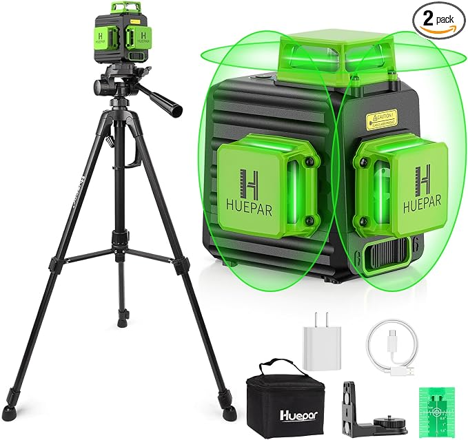 Laser Level 360 Self Leveling with 50" Tripod, Huepar 3x360° High Brightness Green Laser Leveler Tool for Construction, Tile and Picture Hanging, 5200 mAh Li-ion Battery & 2 Portable Bag Included