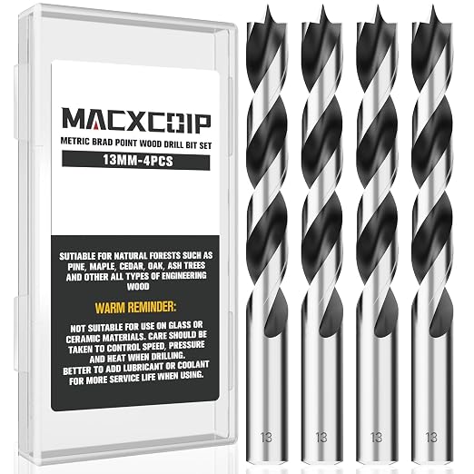 Brad Point Wood Drill Bit Set, 4Pcs 13MM Metric Drill Bit Set with Double Flutes Design for Carpenter Woodworking and All Types of Wood