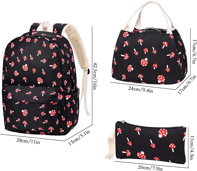 Mushroom School Backpack for Teen Girls, Bookbag with Lunch Box and Pencil Case
