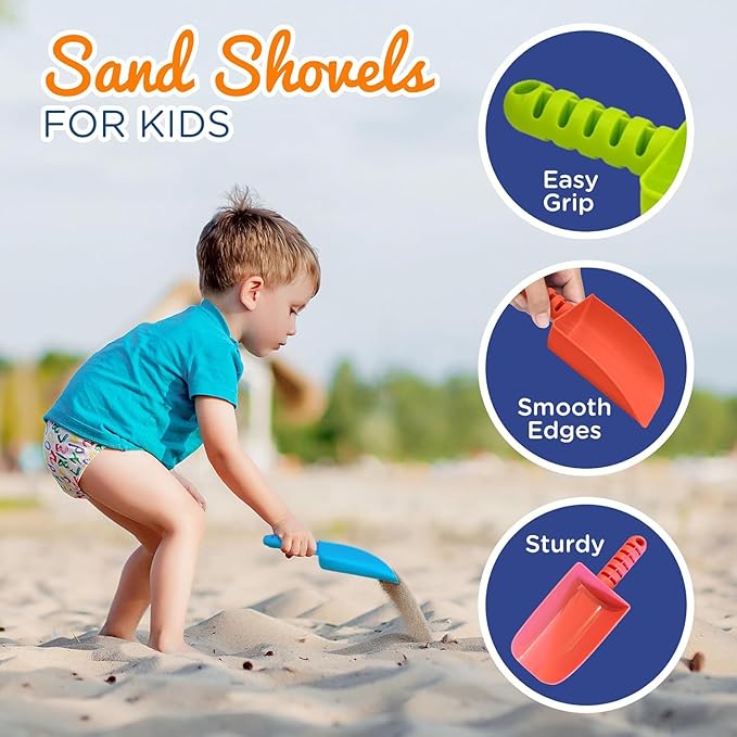 4E's Novelty Sand Shovel for Kids Bulk, 12 Pack Heavy Duty Plastic Beach Shovels - for Planting, Toddler Digging & Garden Tool, Sandbox Toys, End of Year Student Gifts from Teacher
