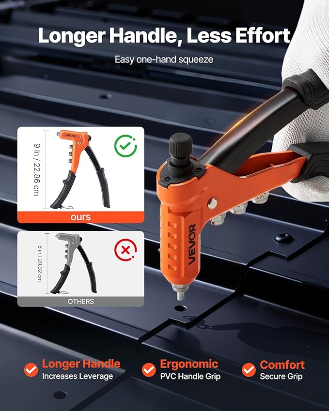 VEVOR Rivet Nut Tool Kit, 9-Inch One-Handed Rivnut Tool Kit, with 8 Mandrels, a Step Drill Bit and 80 Nuts, Metric and SAE Size M3, M4, M5, M6, 6-32, 8-32, 10-24, 1/4-20 UNC, with a Carrying Case