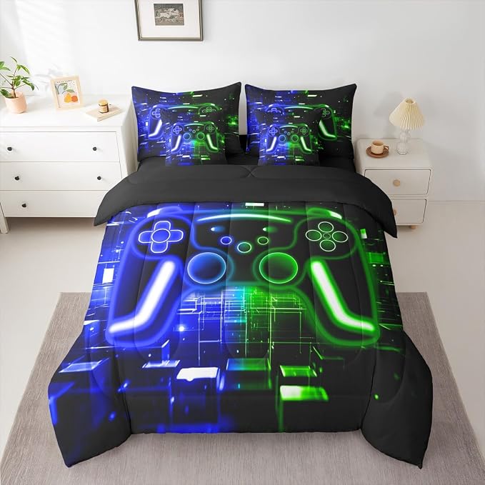 Gaming Queen Comforter Set with Sheets, Gamer 7-Piece Bedding Set Neon Lights Video Game Consoles Bed in a Bag, Blue Green Brick Cube Room Decor,Video Game Decor