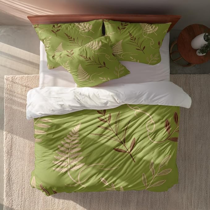 Batmerry Green Brown Branch Leaves Twin Size 100% Cotton Duvet Cover Sets, Minimalist Plant Illustration Bedding Set with Zipper Closure Corner Ties, 3 Pieces (1 Cover + 2 Pillowcases No Comforter)