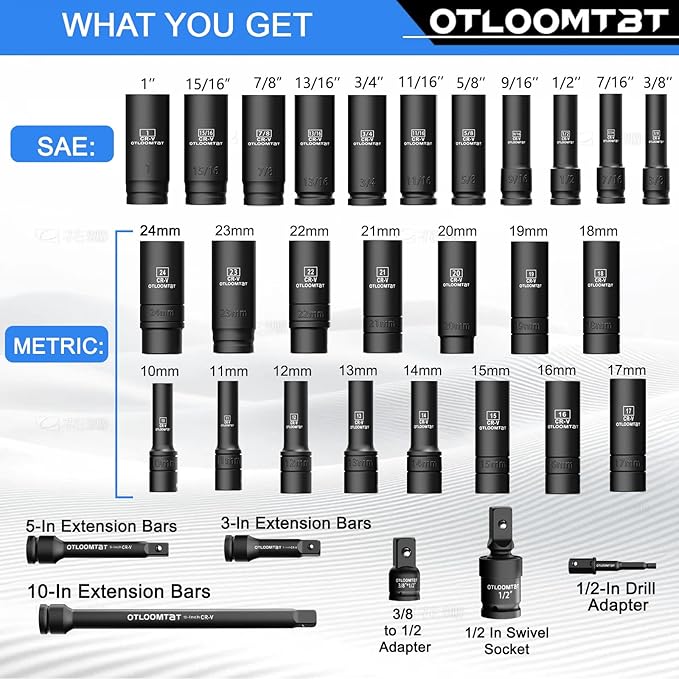 OTLOOMTBT 32PCS 1/2" Drive Impact Socket Set - Heavy Duty Industrial-Grade Deep Sockets, Metric/SAE Full Set with Extension Bar, Cr-V Steel Corrosion-Resistant Coating & Premium Storage Case