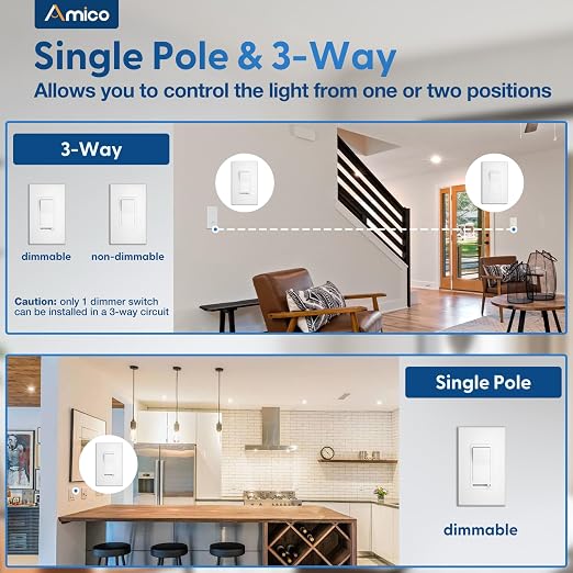 Amico Dimmer Light Switch, Single-Pole or 3-Way Slide Dimmer Switches for Led Lights, Suitable for 150W Dimmable LED/CFL and 600W Incandescent/Halogen, Wall Plate Included, ETL Listed, 6 Pack, White
