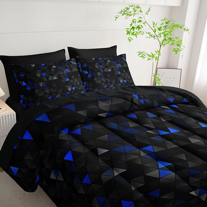Nttopship Geometric Blue Black Triangle Twin Size Comforter Set,Light Honeycomb Bedding Set 7 Piece in A Bag,Bed Sheet Set Geometry Decor,Microfiber Lightweight All Season