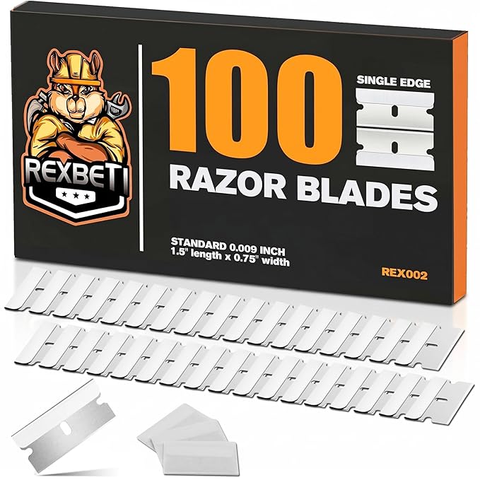 REXBETI 100PCS Single Edge Razor Blades, Industrial Razor Blades for Scraper, Suitable for Removing Labels, Decals, Stickers and Old Paint