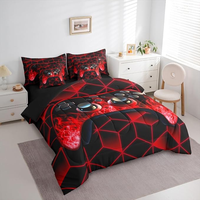 Gaming Consoles Comforter Set 7 Piece Bed in a Bag Twin,Neon Geometric Boys Bedding Set,3D Geometric Gamer Comforter and Sheet Set Red Flame Bed Set,Gamer Decor for Boys Bedroom Gamer Gifts