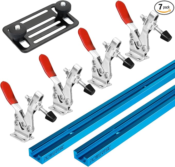 POWERTEC 72138 36 Inch Double-Cut Profile Universal T-Track 2pc with Toggle Clamp Mounting Plate and 4pc Horizontal Toggle Clamp, Woodworking Jigs & Fixtures, Drill Press Table, Router Table,Workbench