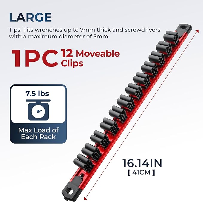 Reniteco Magnetic Screwdriver & Wrench Organizer, 12-Slot Tool Holder | Heavy-Duty Aluminum Alloy Rail Tool Holder, Flexible High-Tension Tool Clips, Magnetic Base, Tool Box Drawer or Wall Mount