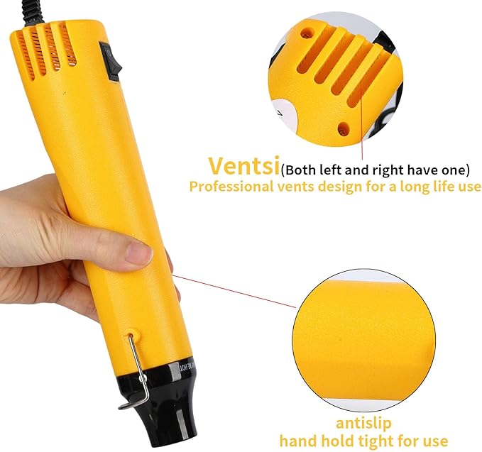 Heat Gun for Crafting, 110V 300W Handed Hot Air Gun, 3.28FT Ultra-Long Cable Portable Heat Gun with Stand and Power Cord for Shrinking Wrapping PVC, DIY Embossing and Drying Paint (Yellow)