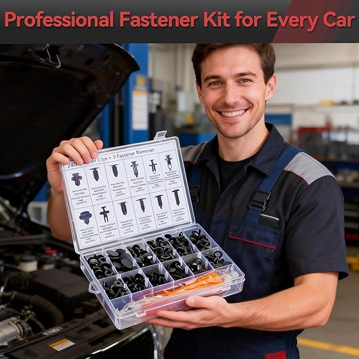 245Pcs Car Retainer Clips & Tools All-in-One Kit - 240 Black Push Pins (12 Sizes) with 5 Orange Pry Bars Stored Inside Box. Portable Bumper Fender Fastener Set for GM Ford (245Pcs)
