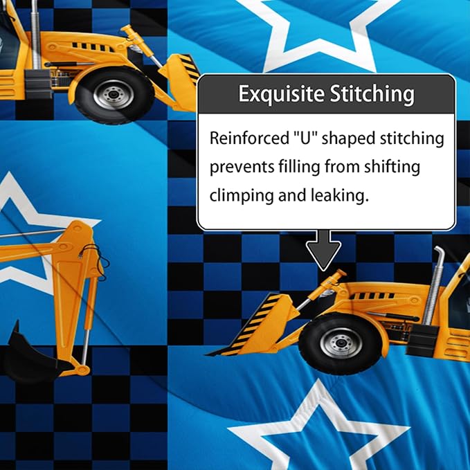 Axolotl Excavator Comforter Set King Size,Blue Plaid Comforter with Star,Cartoon Excavator Bedding for Kids Boys Teens,3 Piece Construction Vehicle Bed Set for Boys,1 Quilt 2 Pillowcases
