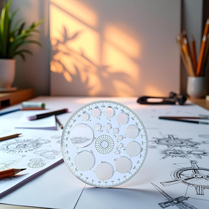 White Round Protractor 360 Degree, Plastic Full Circle Template, 16 Sizes Drawing Tool, Technical Drawing