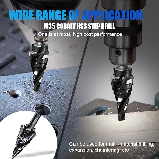 Four Spiral Flute M35 Step Drill Bit Set 3/16"-1/2"(6 Sizes), 1/4" Shank for Metal Step Drill bit, Impact Resistant Cobalt Step Drill Bit, for Stainless Steel, Wood, Aluminum, Plastic