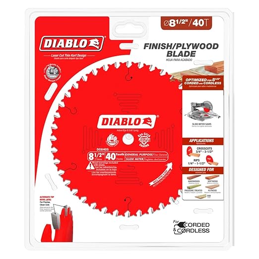 Diablo General Purpose Saw Blade for Wood - 8-1/2" Diameter, 40 ATB Teeth, 5/8" Arbor, .094" Kerf, 15° Hook Angle, .063" Plate, 9000 Max RPM - D0840S