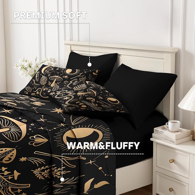 Nesker Comforter Set Twin Size, Golden Mushroom Moon 5 Pcs Bedding for Kids and Adults, Moth Vintage Gold Bed Sheet Sets with Fitted Sheet Pillowcase & Sham