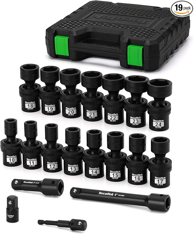 TecoTek 19 PCS 1/2" Drive Shallow Universal Impact Socket Set, Swivel Socket Set, Metric Socket Set with Flexible Wobble, 10-24mm, Cr-Mo Steel, Includes Extension Bars and Adapter