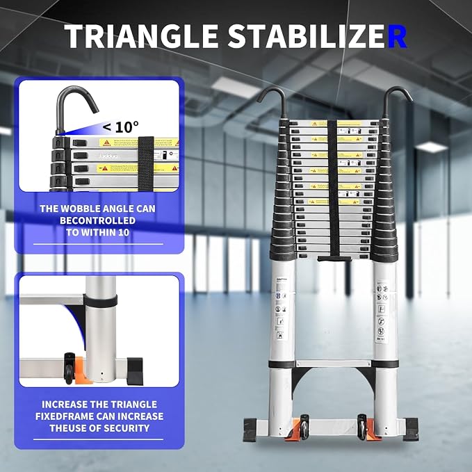 JADDUO Telescoping Ladder,27.9 FT Extension Ladder,Aluminum Lightweight Telescopic Ladder with 2 Triangle Stabilizers, Telescoping Attic Ladders RV Ladders for Travel