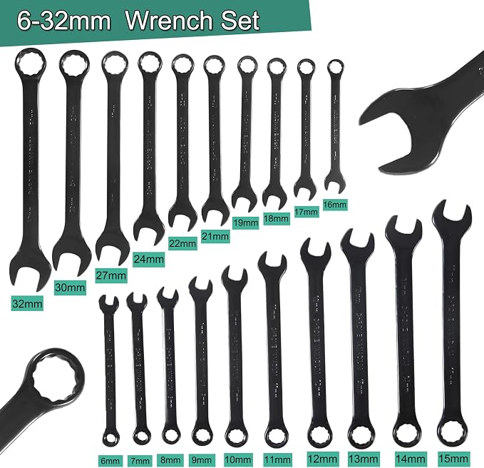 20-Piece Metric Combination Wrench Set in Roll-up Pouch, Metric 6-32mm, Spanner Wrench Set | 12 Point | Chrome Vanadium Steel | Fully Polished (Black)