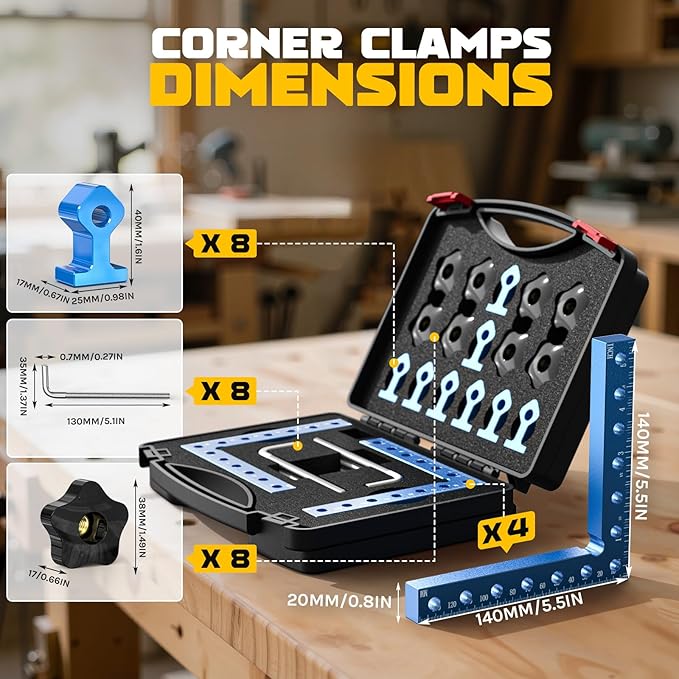 Professional 90 Degree Corner Clamp Set, CNC Aluminum Right Angle Clamp 140mm/5.5", Precision Wood Working Clamps with Dual Scale, L-Shaped Screws, Ideal for DIY, Cabinet, Box & Frame Assembly