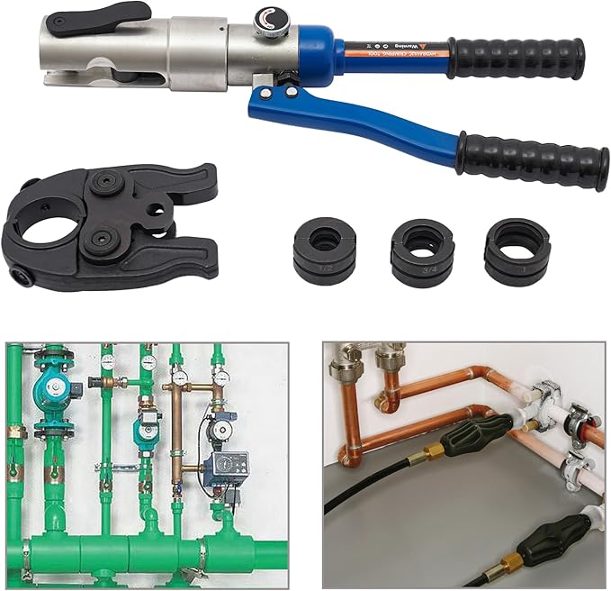 Hydraulic Crimping Tool Kit for Copper Tube Fittings, Compatible with 1/2", 3/4", and 1" Pex Pipe, Ideal for Press Crimping Applications