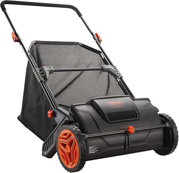 VEVOR Push Lawn Sweeper, 21inch Leaf & Grass Collector, Heavy Duty Thickened Steel Durable to Use with Large Capacity 3.5 cu. ft. Mesh Collection Hopper Bag, 2 Spinning Brushes
