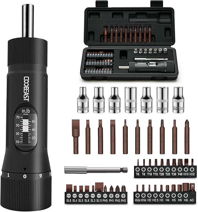 coobeast 49 Pcs Torque Screwdriver 10-70 Inch Pound Torque Screwdriver Set with S2 Bits & Sockets, 1/4” Drive Torque Wrench Screwdriver Set for Maintenance, Tools, Bike Repairing and Mounting