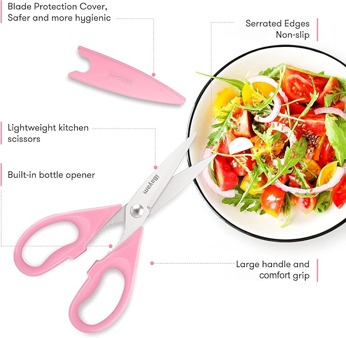 iBayam All Purpose Kitchen Scissors 2 Pack Heavy Duty Meat Food Poultry Shears with Protective Sheath, Dishwasher Safe, Soft-Grip Cute Aesthetic Gift for Women Mom Wife Her Couple Pastel Pink