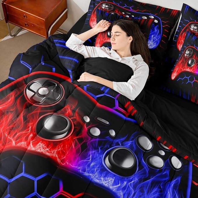 Erosebridal Boys Gamer Bed in a Bag Queen Comforter Set 7 Piece Ombre Art Honeycomb Sheet Set Red Blue Neon Lights Bedding Set Game Consoles Bed Set Geometry Hexagon Beehive Gaming Room Decor