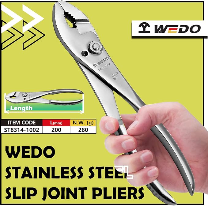 WEDO Slip Joint Pliers, 8-Inch Curved Jaw Combination Pliers,Stainless Steel,Corrosion Resistant, Ergonomic Handle