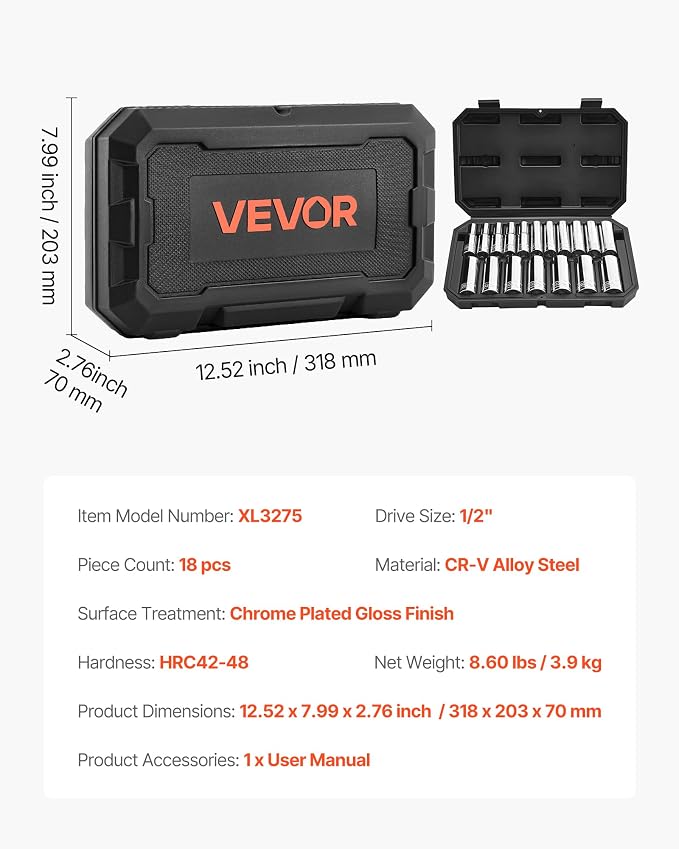 VEVOR Socket Set, 18 Pieces, 1/2 inch Drive Socket Tool Set, Metric Size from 10 to 27 mm, Mechanic Tool Kit with Storage Case, Clear Markings, Chrome Plated CR-V Alloy Steel, for Automotive Repair | Mechanic Tool Set with Storage Case, Clear Markings,...