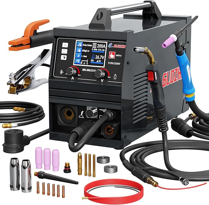 GZ GUOZHI Aluminum MIG Welder, 200A 10 in 1 Double Pulse MIG/Gas MIG/MAG/Gasless Flux Core MIG/Stick/Lift TIG/Spot welding/Spool Gun 110V/220V Multi Process Welding Machine with LCD Digital Display