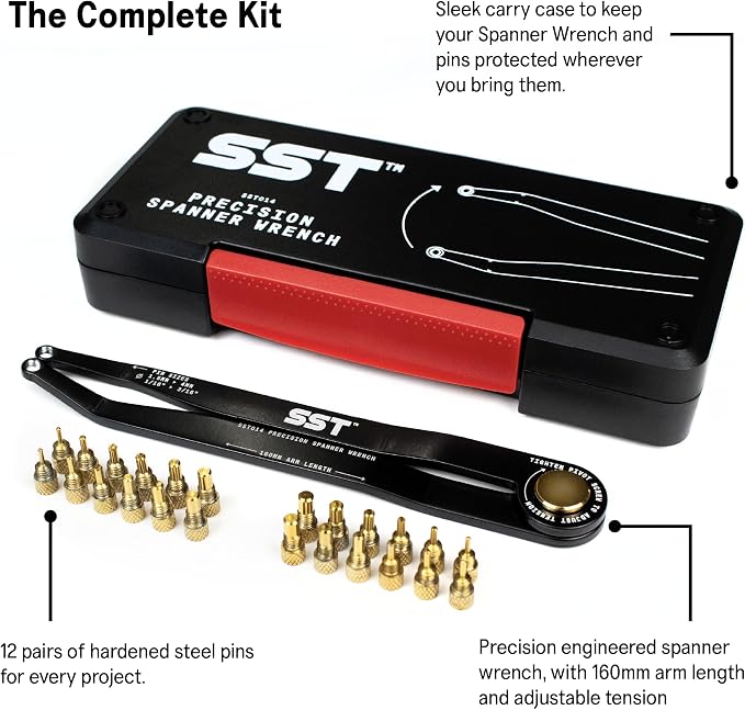 SST® - Precision Spanner Wrench – For Obscure Hardware & Fasteners – Includes 12 Metric & Imperial Steel Pin Sizes – Adjustable Tension – 160mm Arm – 180° Movement – With Storage Case