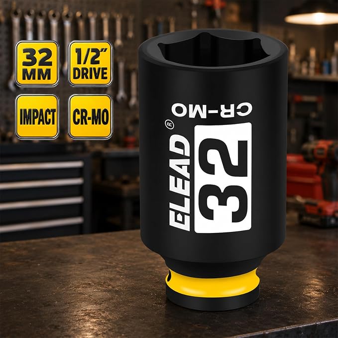 ELEAD 32 mm Socket 1/2" Drive Deep Impact Socket, Metric 6 Point 1/2-inch Drive Impact Axle Nut Sockets, CR-MO Nut Socket Set, Tools for Easy Removal of Axle Shaft Nuts