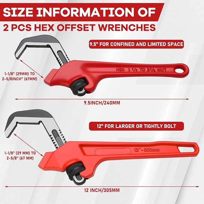 2 Pcs 9-1/2'' and 12'' Hex Offset Wrenches Offset Pipe Wrench Heavy Duty Cast Iron Adjustable Extension Plumbing Tools with Red Handle for Tight Spaces Pipe Work