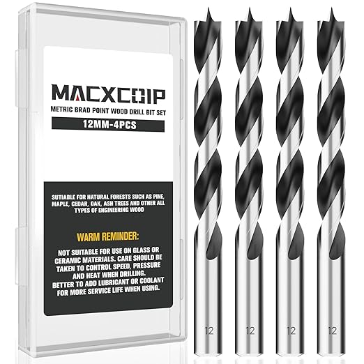 Brad Point Wood Drill Bit Set, 4Pcs 12MM Metric Drill Bit Set with Double Flutes Design for Carpenter Woodworking and All Types of Wood