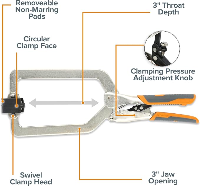 BORA Auto Adjust 6 inch Locking Vise Grip Clamp with Swivel Pads - Heavy Duty Multi Purpose Welding Clamps with Comfortable Grips Perfect C Clamp for Woodworking, Welding, and Metalworking