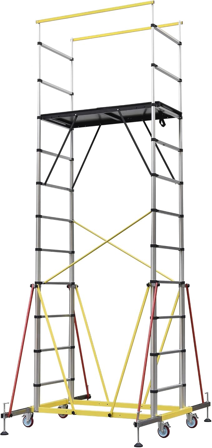 APARECIUM 14‘ Aluminum Scaffold Tower, Multipurpose Rolling Scaffolding Work Platform, Utility Scaffolding Tower, Adjustable Work Platform with Hatch Deck and Guard Rail, 500 Lbs Duty Rate